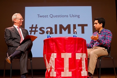 MIT President L. Rafael Reif, left, and Khan Academy's Sal Khan at Wednesday's event.