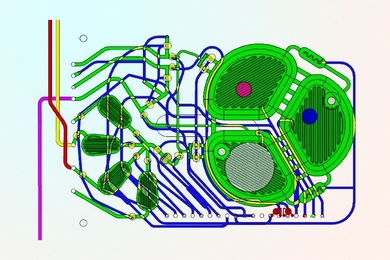A new, portable production system is designed to manufacture a range of biopharmaceuticals on demand. The principal component of the microbioreactor is a plastic chip with microfluidic circuits (green), optical sensors (red and blue circles) for monitoring oxygen and acidity, and a filter to retain the cells while the therapeutic protein is extracted (white circle).
