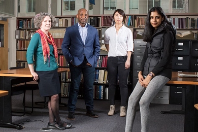 From left to right: Nora Murphy, archivist for researcher services in the Institute Archives and Special Collections; Craig Steven Wilder, the Barton L. Weller Professor of History in the School of Humanities, Arts, and Social Sciences; Clare Kim, a graduate student in the HASTS program (History, Anthropology, and Science, Technology, and Society) who served as teaching assistant for Murphy and Wi...