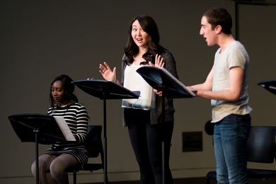 Left to right: Ayomide Fatunde, Jordan Clark, and Cody Sloan take part in the MIT Playwrights Lab.