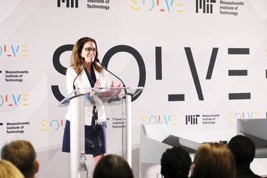 MIT Chancellor Cynthia Barnhart speaks to the audience of finalists and the broader Solve community at the Solve Challenge Finals.