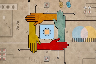 Illustration-four-hands-around-computer-chip