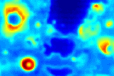 Image shows the rate of heat transfer from a metal surface, with red the highest and blue the lowest. The large blue areas show the beginning of a boiling crisis.
