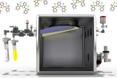 Illustration shows the apparatus used to create a thin layer of a transparent, electrically conductive material, to protect solar cells or other devices. The chemicals used to produce the layer, shown in tubes at left, are introduced into a vacuum chamber where they deposit a layer on a substrate material at top of the chamber. 