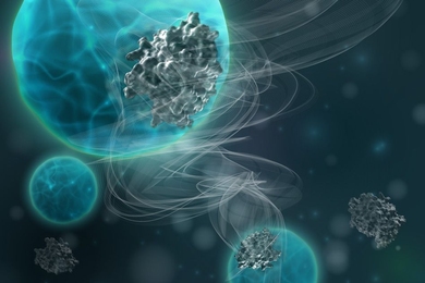 MIT engineers have designed nanoparticle sensors that can diagnose lung diseases. If a disease-associated protein is present in the lungs, the protein cleaves a gaseous molecule from the nanoparticle, and this gas can be detected in the patient’s breath.