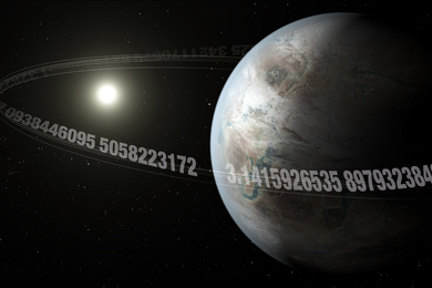 a planet in orbit around its star with the digits of Pi encircling the planet