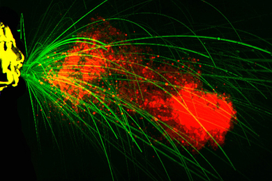 False-color image showing particles and gases emanating from a person's mouth