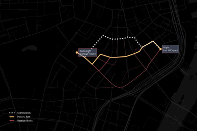 a map showing alternative routes to the same spot within a city
