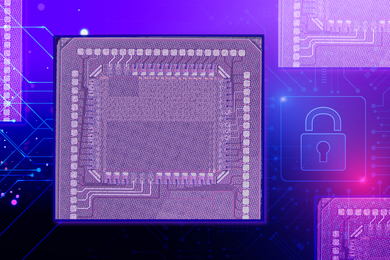 A purple chip with a stylized machine learning background and lock icon.
