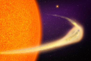 A tiny planet orbits has a large tail of debris spreading behind it as it orbits a star. Some debris is also in front of the planet.