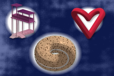 A purple and pink “impossible building,” a 2.5D model of a bagel, and a hollow object with a red, heart-shaped outline like a Moebius strip.