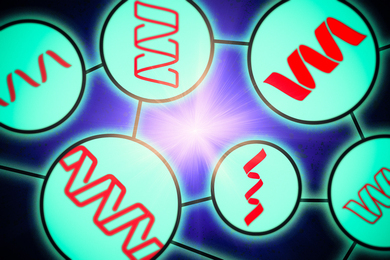 Icons of protein strands are connected to each other by lines, like a large-language model.