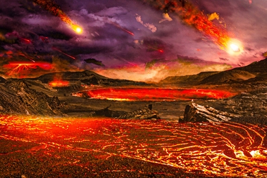 Artist’s illustration of early Earth with fire, lava, volcanos, and meteors.