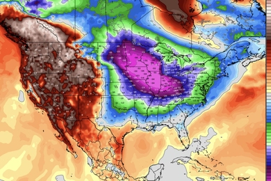 A United States map with a brightly colored overlay highlighting temperature differences across various states and regions.