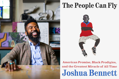 On left, portrait of Joshua Bennett. On right, the book “The People Can Fly” has a paper collage of a young Black boy.