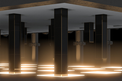 Rendering of power sticks in between grey slabs, with one side glowing.
