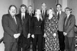 Grouped on MacVicar Day are (front row, left to right) MacVicar Fellows Ernest G. Cravalho, Steven Pinker, Dava Newman, Jacquelyn C. Yanch and Rohan Abeyaratne (John Belcher was unable to attend). In the back row are Provost Robert A. Brown, President Charles M. Vest and Chancellor Lawrence S. Bacow.