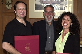 Professor John Joannopoulos (left) Dean of Science Robert J. Silbey and Professor Barbara Imperiali.