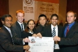 Active  Joint Brace was selected as the winner at the MIT's $50K Entrepreneurship  Competition. Team members, from left, are: Kailas Narendran,  Joe Jackson, Mira Sahney, Hocking Cheng, Raja Surapanani and  John McBean. Not pictured: Shashi Kant and Adam Rizika.