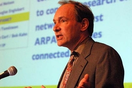 Tim Berners-Lee, MIT senior research scientist known as the "father of the web," spoke of the history and the key players in the development of the World Wide Web at the W3C Tenth Anniversary Celebration in Boston on  Dec. 1, 2004.