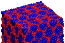 This conceptual drawing shows the structure of a nickel-tungsten alloy that promises a safer alternative to chromium.  The nano-sized crystals (blue) are mostly composed of nickel, and are joined together by regions rich in tungsten (red).