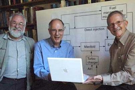 MIT researchers have developed a half-sized engine that performs like a full-sized engine but offers the fuel efficiency of a hybrid electric car. The team includes, from left to right, Leslie Bromberg, principal research engineer at the Plasma Science and Fusion Center (PSFC), Daniel Cohn, division head and senior research scientist at the PSFC, and John Heywood, director of the Sloan Automotive ...