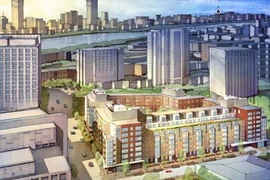 An artist's rendering of the University Residential Communities, as seen from the north. The planned complex at 303 Third Street in Cambridge will represent a new housing alternative for members of the Institute community who want to stay involved in life at MIT after they retire.