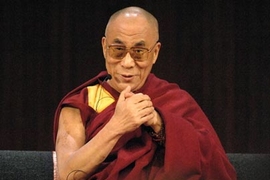 Tenzin Gyatso, the 14th Dalai Lama, addresses the crowd at MIT's Kresge Auditorium on Thursday, April 30.