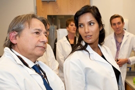 Padma Lakshmi and her surgeon, Tamer Seckin, toured an MIT lab during their visit Dec. 4 to help launch the new Center for Gynepathology.