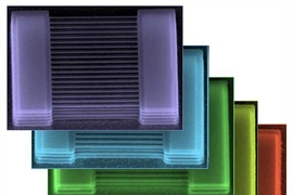 Five different test structures feature stacks of nanowires with different numbers of levels. The bottom structure has only one level; the top structure has five. 