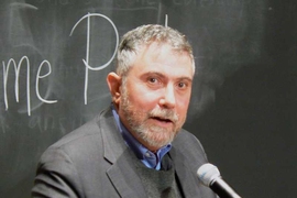 Paul Krugman delivers a lecture in the Stata Center on Friday, Feb. 5.
