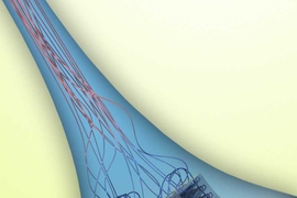 The new method involves pulling a thin thread of material (top) from a liquid solution (bottom), and in the process the individual polymer filaments, which start out as a tangled mass, become very highly aligned.