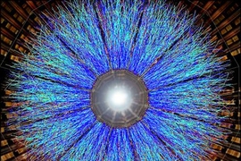 A visualization of one of the first full-energy collisions between gold ions at Brookhaven Lab's Relativistic Heavy Ion Collider, as captured by the Solenoidal Tracker At RHIC (STAR) detector.