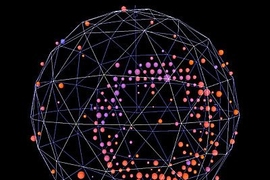 A graphic of a neutrino event recorded by the MiniBooNE experiment. The ring of light, registered by some of the more than 1,000 light sensors inside the detector, indicates the collision of a muon neutrino with an atomic nucleus.