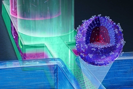 In this artist’s rendering of the new system, polymers flow through a microfluidic channel as they are formed into spherical nanoparticles. An organic solvent called acetonitrile helps keep the particles away from the walls and prevent clumping.