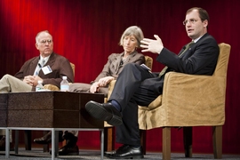 David Mindell, right, the Frances and David Dibner Professor of the History of Engineering and Manufacturing, speaks about the history of exploration. Stephen J. Pyne, Regents’ professor at Arizona State University, and Rosalind Williams, Bern Dibner Professor of the History of Science and Technology, look on. 