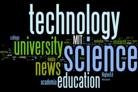 Word blurb with technology, science, university, news, and education the largest words