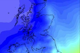 A map plots the distribution of combustion emissions that have migrated into the United Kingdom from the rest of Europe. Higher concentrations, in red, can be found on the outskirts of the country.