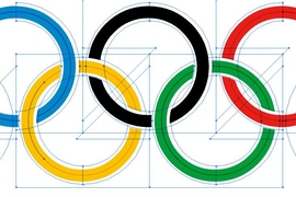 Olympics symbol with five rings. A light blue outline around rings and various angles intersect in ring centers.