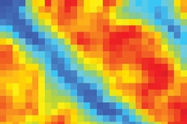 An image (made with Raman spectroscopy) of a graphene layer on top of a patterned substrate shows the difference in chemical reactivity of the side opposite the substrate. The wide red stripe is an area over a silicon dioxide substrate, making the top surface of the graphene highly reactive. The narrow blue stripe is graphene over a layer of hydrocarbon (called OTS), and there is almost no reactiv...