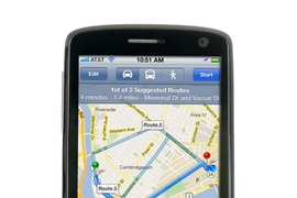 Mobile phone displaying map in navigation app