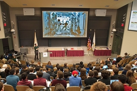 Teams of students watched from MIT's 10-250 auditorium, as astronauts aboard the International Space Station monitored the small, basketball-sized satellites.