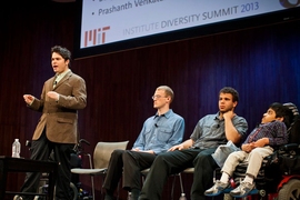 Students and a recent alumnus spoke in a panel discussion on 'disability as an aspect of diversity.' From left, Joshua Frisch '15, graduate student David Hayden, Benjamin Jones '13 and Prashanth Venkataram '14. Not seen is Ian Smith, who graduated in 2010.