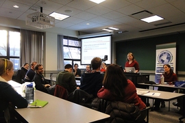 Noelle Selin and students answered questions from the audience during the Feb. 6 panel discussion.