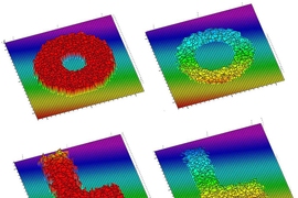 At left, metallized DNA (red) forms letters on a graphene surface. Treatment with oxygen plasma etches the shape of the letters into the graphene, right.