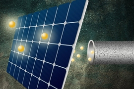 Solar panel and shiny orbs emit from pipe