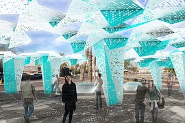 J. Meejin Yoon (left) created this light and sound installation in Phoenix, Ariz.