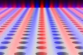 Light is found to be confined within a planar slab with periodic array of holes, although the light is theoretically "allowed" to escape. Blue and red colors indicate surfaces of equal electric field.