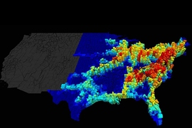 MIT researchers have linked the game theory concept of "price of anarchy" to the spread of contagion. The price of anarchy measures the difference in the spread of a disease between selfish (uncoordinated) and policy-driven (coordinated) human mobility. In this graphic, warm colors indicate geographical areas (such as the I-95 commuting corridor) with a high price of anarchy.