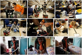 Three by three grid showing students working on various projects